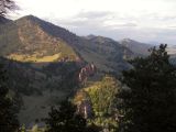 Upturned sedimentary strata at the mouth of Boulder Canyon, looking north from Flagstaff Road