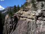 Gently-dipping late Devonian Elbert sandstones rest unconformably on nearly vertical Uncompahgre Formation quartzites in Box Canyon near Ouray