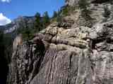 Gently-dipping late Devonian Elbert sandstones rest unconformably on nearly vertical Uncompahgre Formation metasediments in Box Canyon near Ouray