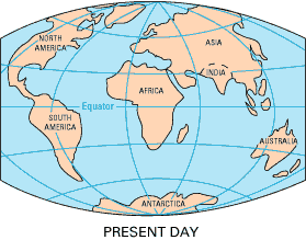 Current arrangement of continents; courtesy USGS, This Dynamic Earth, http://pubs.usgs.gov/publications/text/dynamic.html