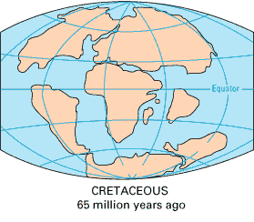 Cretaceous continents at 65 Ma; courtesy USGS, This Dynamic Earth, http://pubs.usgs.gov/publications/text/dynamic.html
