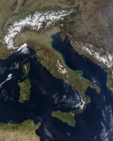 Italy slams into Eurasion at the Alps, courtesy NASA, Visible Earth, http://visibleearth.nasa.gov