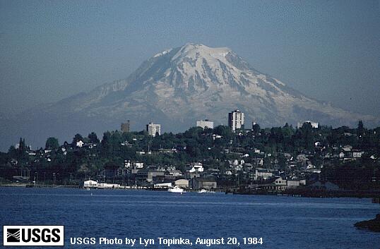 Mt. Rainier looms over Takoma, WA; courtesy Cascades Volcanologic Observatory, USGS