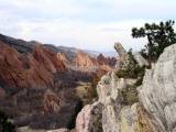 Bold red Fountain Formation flatirons jut skyward below a ridge of white Lyons sandstone at the north end of Roxborough State Park