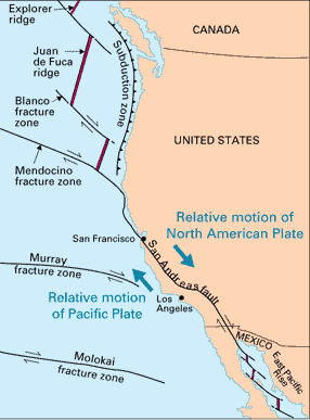 San Andreas Fault and associated transforms and spreading centers; courtesy USGS, This Dynamic Earth, http://pubs.usgs.gov/publications/text/dynamic.html