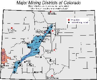 Major mining districts of Colorado, showing the Colorado Mineral Belt, courtesy Colorado Geological Survey, http://geosurvey.state.co.us/pubs/geohazards/docs/mining.html