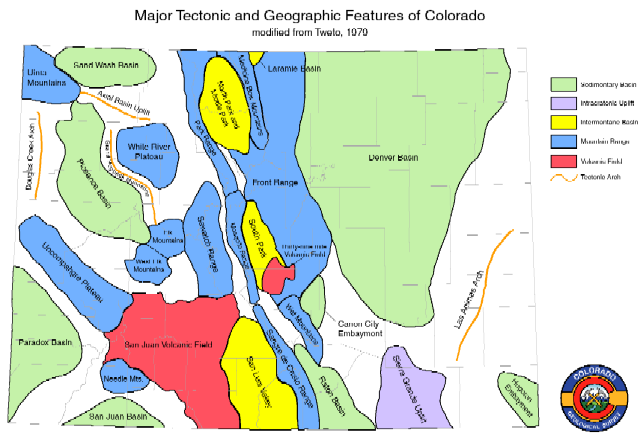 Major Tectonic and Geographic Features of Colorado, courtesy Colorado Geological Survey.